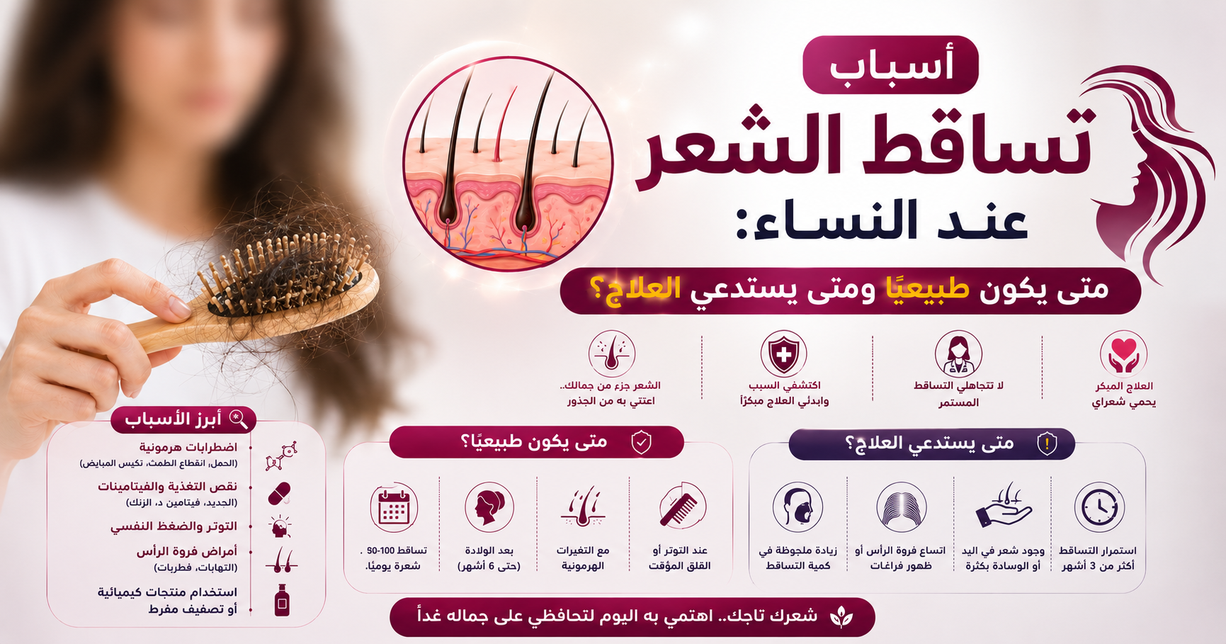أسباب تساقط الشعر عند النساء: متى يكون طبيعيًا ومتى يستدعي العلاج؟